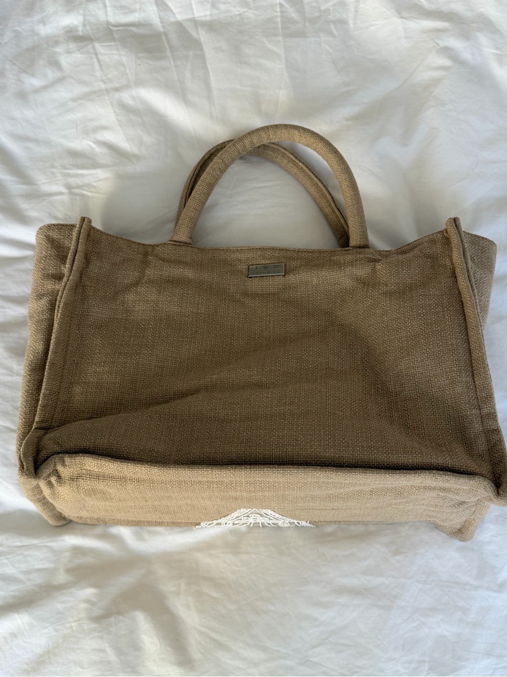 Embroidered Tan Canvas Tote with White Detail - Picture 4 of 6